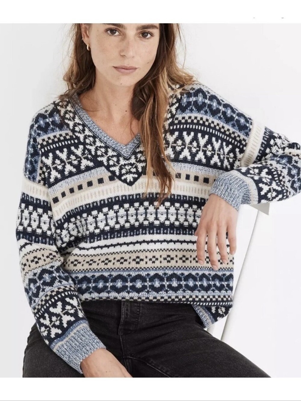 Madewell Forrest Fair Isle V-Neck Sweater Size Small Heather Sky Blue Wool Blend